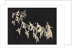 Silhouettes of children dressed as clowns hand in hand with female figures by Anonymous