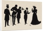 Silhouettes of four gentlemen and a woman in evening  dress by Anonymous
