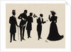 Silhouettes of four gentlemen and a woman in evening  dress by Anonymous