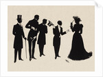 Silhouettes of four gentlemen and a woman in evening  dress by Anonymous