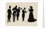 Silhouettes of four gentlemen and a woman in evening  dress by Anonymous