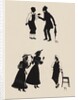 Silhouettes of two male figures debating and two female figures with a gentleman by Anonymous