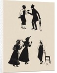 Silhouettes of two male figures debating and two female figures with a gentleman by Anonymous
