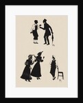 Silhouettes of two male figures debating and two female figures with a gentleman by Anonymous