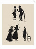 Silhouettes of two male figures debating and two female figures with a gentleman by Anonymous