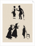 Silhouettes of two male figures debating and two female figures with a gentleman by Anonymous