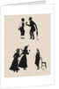 Silhouettes of two male figures debating and two female figures with a gentleman by Anonymous