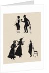 Silhouettes of two male figures debating and two female figures with a gentleman by Anonymous