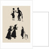 Silhouettes of two male figures debating and two female figures with a gentleman by Anonymous