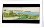 Coastal paths with views of the sea, hills and cliffs in distance by May Morris