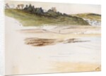 Beach with small coastal village in the background by May Morris