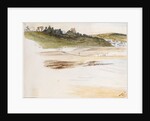 Beach with small coastal village in the background by May Morris