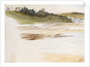 Beach with small coastal village in the background by May Morris