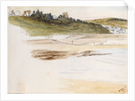 Beach with small coastal village in the background by May Morris