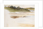 Beach with small coastal village in the background by May Morris