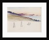 Sailboats with hills and coastal cliffs in the background by May Morris