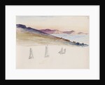 Sailboats with hills and coastal cliffs in the background by May Morris
