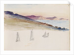 Sailboats with hills and coastal cliffs in the background by May Morris