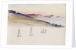 Sailboats with hills and coastal cliffs in the background by May Morris