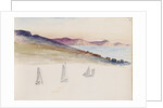 Sailboats with hills and coastal cliffs in the background by May Morris