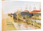 Canal with farm buildings in the background by May Morris