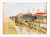 Canal with farm buildings in the background by May Morris