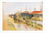 Canal with farm buildings in the background by May Morris