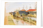 Canal with farm buildings in the background by May Morris