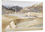 View of a village with a tower and a church in a valley possibly in Italy by May Morris