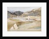 View of a village with a tower and a church in a valley possibly in Italy by May Morris
