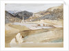 View of a village with a tower and a church in a valley possibly in Italy by May Morris