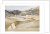 View of a village with a tower and a church in a valley possibly in Italy by May Morris
