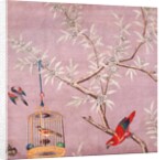 Fragment of Chinese wallpaper showing a bird perching on a branch, one in a cage and another in flight by unknown