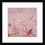 Fragment of Chinese wallpaper showing a bird perching on a branch, one in a cage and another in flight by unknown