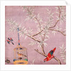 Fragment of Chinese wallpaper showing a bird perching on a branch, one in a cage and another in flight by unknown