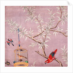 Fragment of Chinese wallpaper showing a bird perching on a branch, one in a cage and another in flight by unknown