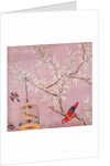 Fragment of Chinese wallpaper showing a bird perching on a branch, one in a cage and another in flight by unknown
