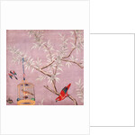 Fragment of Chinese wallpaper showing a bird perching on a branch, one in a cage and another in flight by unknown