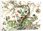 Coverlet of a solitary tree with a caged bird on a branch and a pair of pheasants by Unknown