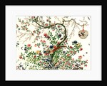 Coverlet of a solitary tree with a caged bird on a branch and a pair of pheasants by Unknown