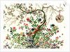 Coverlet of a solitary tree with a caged bird on a branch and a pair of pheasants by Unknown