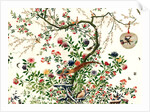 Coverlet of a solitary tree with a caged bird on a branch and a pair of pheasants by Unknown