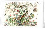 Coverlet of a solitary tree with a caged bird on a branch and a pair of pheasants by Unknown