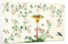 Bird and butterflies in flight around yellow hanging rattan basket of fruits by Unknown
