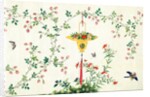 Bird and butterflies in flight around yellow hanging rattan basket of fruits by Unknown