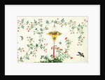 Bird and butterflies in flight around yellow hanging rattan basket of fruits by Unknown