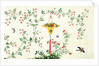 Bird and butterflies in flight around yellow hanging rattan basket of fruits by Unknown