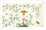 Bird and butterflies in flight around yellow hanging rattan basket of fruits by Unknown
