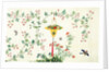 Bird and butterflies in flight around yellow hanging rattan basket of fruits by Unknown