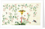 Bird and butterflies in flight around yellow hanging rattan basket of fruits by Unknown
